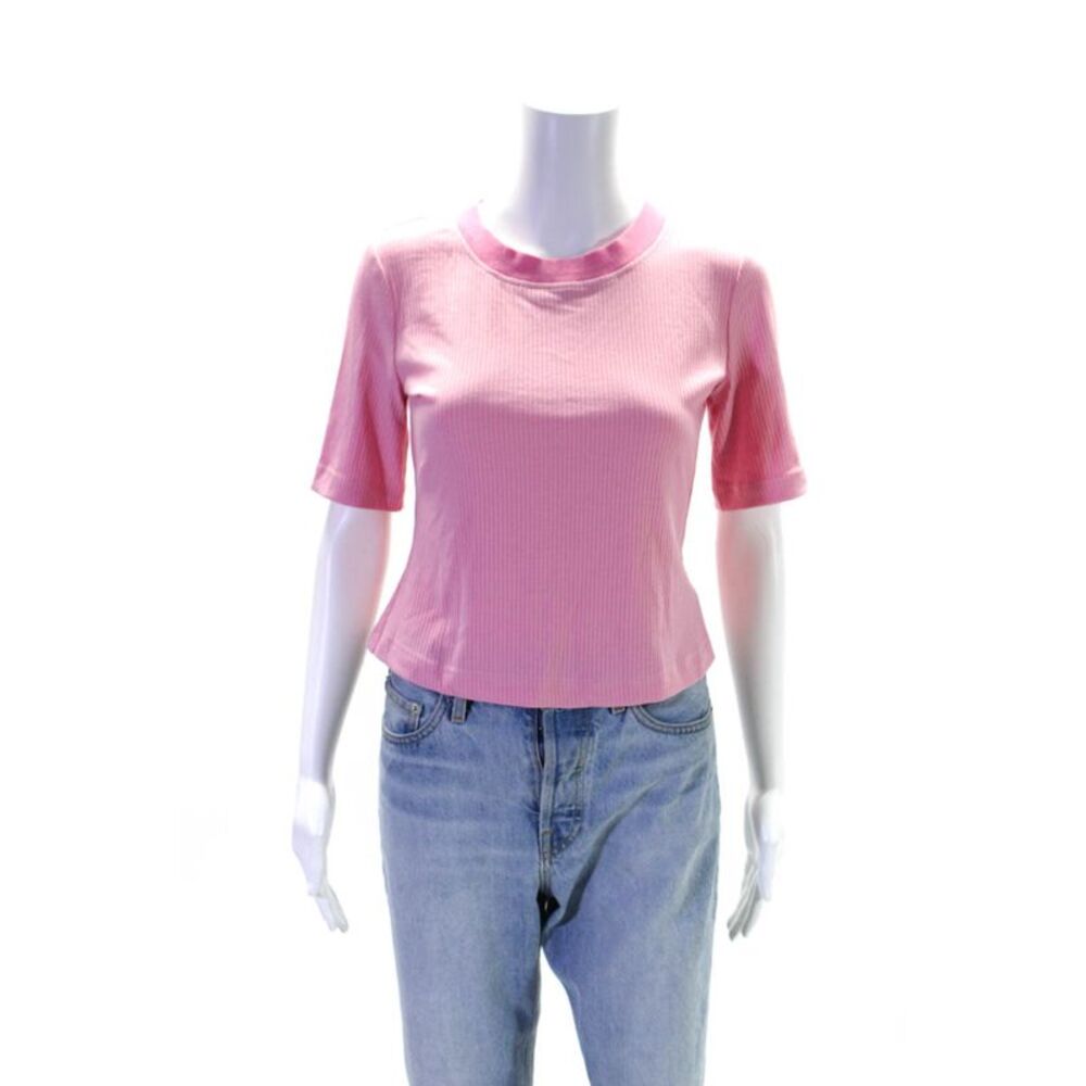 LDT Womens Ribbed Short Sleeve Round Neck Pullover Casual Top Pink Size 4